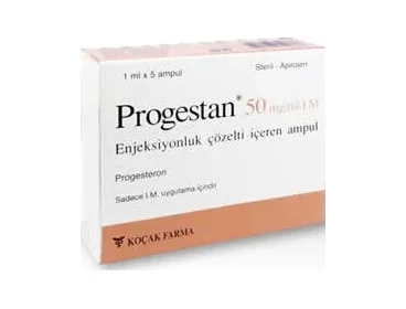 Progesteron içeren ampul: PROGESTAN 50 MG/ML IM ENJ. COZ. ICEREN 5 AMPUL ambalajı. Üretici: KOÇAK FARMA İLAÇ VE KİMYA SANAYİ A.Ş.