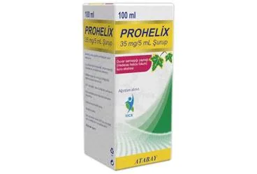 PROHELIX 35 MG/5 ML SURUP (100 ML) (hedera helicis folium ekstresi) ürün ambalajı, şurup. Üretici: ATABAY KİMYA SANAYİ VE TİC. A.Ş.