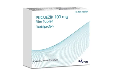 PROJEZIK 100 MG 15 FILM TABLET (flurbiprofen) kutusu, film kaplı tablet. Üretici: VEM İLAÇ SAN. VE TİC. ANONİM ŞİRKETİ.