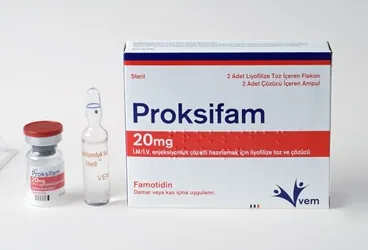 PROKSIFAM 20 MG IM/IV ENJEKSIYONLUK COZELTI HAZIRLAMAK ICIN LIYOFILIZE TOZ VE COZUCU kutu fotoğrafı. Famotidin içeren çözelti. Üretici: VEM İLAÇ SAN. VE TİC. ANONİM ŞİRKETİ.