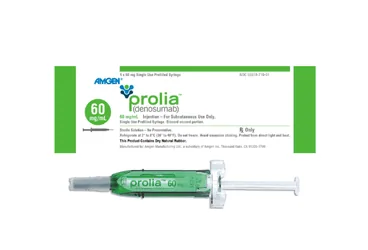 PROLIA 60 MG/ML SC ENJEKSIYONLUK COZELTI ICEREN KULLANIMA HAZIR ENJEKTOR (1 ADET) ürün ambalajı. Denosumab içeren çözelti. Üretici: AMGEN İLAÇ TİCARET LİMİTED ŞİRKETİ.