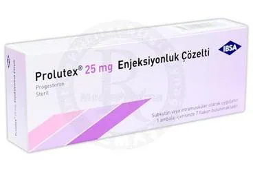 PROLUTEX 25 MG ENJEKSIYONLUK COZELTI (7 FLAKON) ürün ambalajı. Progesteron içeren çözelti. Üretici: IBSA İLAÇ SAN. VE TİC. LTD. ŞTİ.