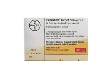 PROLUTON DEPOT 500 MG/2ML 1 AMPUL kutusu, ampul formunda hidroksiprogesteron içerir. Üretici: BAYER TÜRK KİMYA SAN. LTD. ŞTİ.
