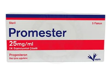 PROMESTER 25 MG/ML I.M. ENJEKSIYONLUK COZELTI (5 FLAKON) ürün ambalajı, çözelti formunda progesteron içerir. Üretici: VEM İLAÇ SAN. VE TİC. ANONİM ŞİRKETİ.
