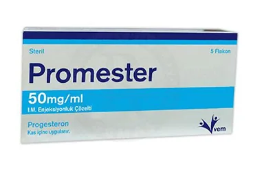 PROMESTER 50 MG/ML I.M. ENJEKSIYONLUK COZELTI (5 FLAKON) kutusu, çözelti formunda progesteron içerir. Üretici: VEM İLAÇ SAN. VE TİC. ANONİM ŞİRKETİ.
