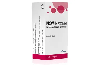PROMIN 5000IU/5ML I.V ENJEKSIYONLUK COZELTI ICEREN 1 AMPUL (protamin hcl) kutu fotoğrafı, çözelti. Üretici: VEM İLAÇ SAN. VE TİC. ANONİM ŞİRKETİ.