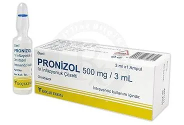PRONIZOL 500 MG/3 ML INF. COZELTI 1 AMPUL kutu fotoğrafı. Ornidazol içeren çözelti. Üretici: KOÇAK FARMA İLAÇ VE KİMYA SANAYİ A.Ş.