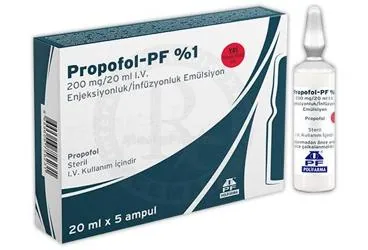 Propofol içeren ampul: PROPOFOL-PF %1 200 MG/20 ML I.V. ENJEKSIYONLUK/ INFUZYONLUK EMULSIYON (5 AMPUL) kutu fotoğrafı. Üretici: POLİFARMA İLAÇ SAN. VE TİC. A.Ş.