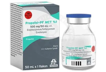 PROPOFOL-PF MCT %1 500 MG/50 ML I.V. ENJEKSIYONLUK/INFUZYONLUK EMULSIYON kutusu, enjeksiyonluk ürün formunda propofol içerir. Üretici: POLİFARMA İLAÇ SAN. VE TİC. A.Ş.