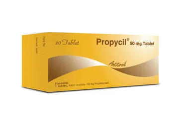 PROPYCIL 50 MG TABLET (20 TABLET) (propiltiourasil) ürün ambalajı, tablet. Üretici: RECORDATİ İLAÇ SANAYİ VE TİCARET ANONİM ŞİRKETİ.