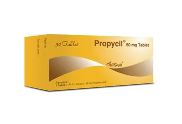 PROPYCIL 50 MG TABLET (50 TABLET) kutu fotoğrafı. Propiltiourasil içeren tablet. Üretici: RECORDATİ İLAÇ SANAYİ VE TİCARET ANONİM ŞİRKETİ.