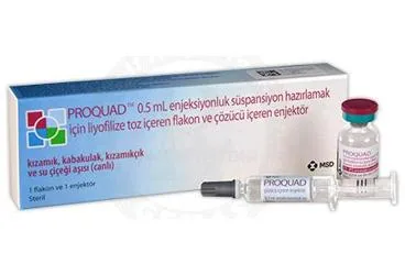 PROQUAD 0,5 ML ENJ. SUSP. HAZIRLAMAK ICIN LIYOFILIZE TOZ ICEREN 1 FLAKON ambalajı, flakon formunda kızamık kabakulak kızamıkcık su çiçeği aşısı içerir. Üretici: MERCK SHARP DOHME İLAÇLARI LTD. ŞTİ.