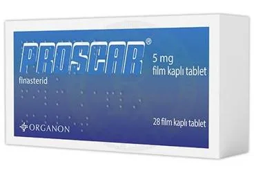 PROSCAR 5 MG FILM KAPLI TABLET (28 TABLET) ambalajı. Finasterid içeren film kaplı tablet. Üretici: ORGANON TURKEY İLAÇLARI LİMİTED ŞİRKETİ.