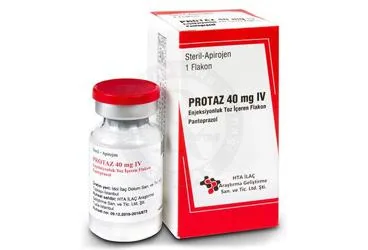 Pantoprazol içeren flakon: PROTAZ 40 MG IV ENJ. TOZ ICEREN 1 FLAKON ürün ambalajı. Üretici: HTA İLAÇ ARAŞTIRMA GELİŞTİRME SANAYİ VE TİCARET LİMİTED ŞİRKETİ.