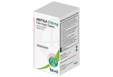 Abirateron içeren film kaplı tablet: PROTIGA 250 MG FILM KAPLI TABLET ambalajı. Üretici: TEVA İLAÇLARI SANAYİ VE TİCARET A.Ş.