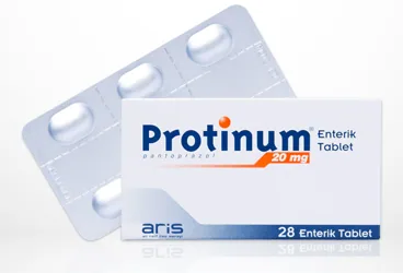 PROTINUM 20 MG ENTERIK TABLET kutu fotoğrafı, tablet formunda pantoprazol içerir. Üretici: ALİ RAİF İLAÇ SANAYİ A.Ş.