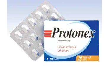 Pantoprazol içeren tablet: PROTONEX 40 MG 14 ENTERIK KAPLI TABLET ürün ambalajı. Üretici: ABDİ İBRAHİM İLAÇ SANAYİ VE TİCARET A.Ş.