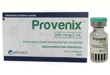 PROVENIX 200 ΜCG/2 ML INFUZYONLUK COZELTI HAZIRLAMAK ICIN KONSANTRE kutu fotoğrafı. Deksmedetomidin içeren çözelti. Üretici: CENTURİON İLAÇ SANAYİ VE TİCARET ANONİM ŞİRKETİ.