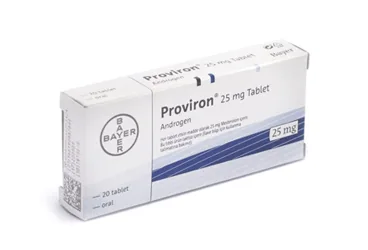 PROVIRON 25 MG 20 TABLET (mesterolon) ürün ambalajı, tablet. Üretici: BAYER TÜRK KİMYA SAN. LTD. ŞTİ.