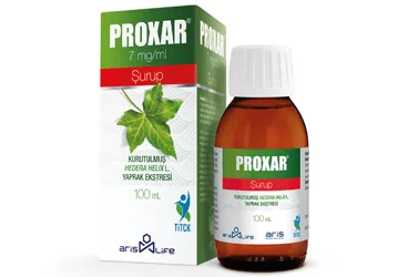 Hedera helicis folium ekstresi içeren şurup: PROXAR SURUP (100 ML) ambalajı. Üretici: ALİ RAİF İLAÇ SANAYİ A.Ş.
