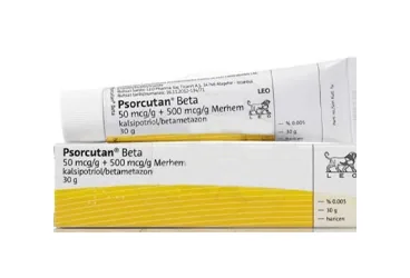 PSORCUTAN BETA 50 MCG/G + 500 MCG/G MERHEM (kalsipotriol + betametazon) ürün ambalajı, merhem. Üretici: ABDİ İBRAHİM İLAÇ SANAYİ VE TİCARET A.Ş.