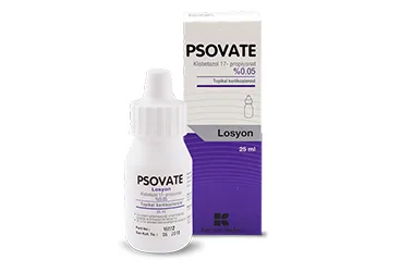 PSOVATE 25 ML LOSYON ambalajı. Etkin maddesi klobetasol propiyon. Üretici: KURTSAN İLAÇLARI ANONİM ŞİRKETİ.