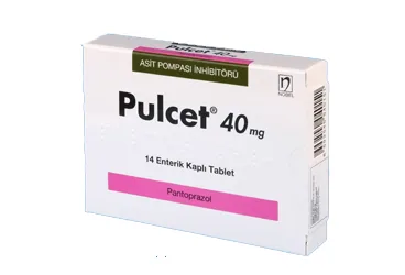 PULCET 40 MG 14 ENTERIK TABLET kutusu, tablet formunda pantoprazol içerir. Üretici: NOBEL İLAÇ SAN. VE TİC. A.Ş.