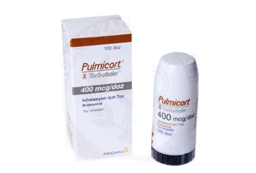 Budesonid -inhalant içeren inhalasyon aerosolü: PULMICORT TURBUHALER 400 MCG/DOZ INHALASYON ICIN TOZ 100 DOZ kutusu. Üretici: ASTRAZENECA İLAÇ SAN.VE TİC.LTD.ŞTİ.