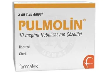 PULMOLIN 10 MCG/ML NEBULIZASYON COZELTISI (30 AMPUL) kutu fotoğrafı, çözelti formunda iloprost içerir. Üretici: FARMA-TEK İLAÇ SANAYİ VE TİCARET A.Ş.