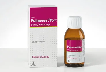 PULMOREST FORT 60 MG/5 ML SURUP ürün ambalajı. Levodropropizin içeren şurup. Üretici: SANTA FARMA İLAÇ SAN. A.Ş.