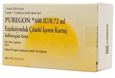PUREGON 600 IU/ 0.72 ML S.C. ENJ.ICIN SOL. ICEREN 1 KARTUS ambalajı. Etkin maddesi follitropin beta. Üretici: ORGANON TURKEY İLAÇLARI LİMİTED ŞİRKETİ.