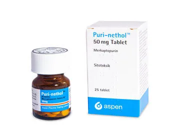 Merkaptopurin içeren tablet: PURI-NETHOL 50 MG TABLET kutu fotoğrafı. Üretici: VLD DANIŞMANLIK TIBBİ ÜRÜNLER VE TANITIM HİZMETLERİ A. Ş.