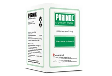 Metenamin içeren efervesan tablet: PURINOL 250 MG+ 615 MG/5 G EFERVESAN GRANUL (140 G SISE) kutusu. Üretici: RECORDATİ İLAÇ SANAYİ VE TİCARET ANONİM ŞİRKETİ.
