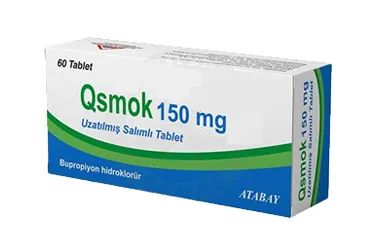 QSMOK 150 MG UZATILMIŞ SALIMLI TABLET kutu fotoğrafı, tablet formunda bupropiyon hcl içerir. Üretici: ATABAY KİMYA SANAYİ VE TİC. A.Ş.