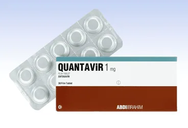 Entekavir içeren film kaplı tablet: QUANTAVIR 1 MG 30 FILM TABLET kutusu. Üretici: ABDİ İBRAHİM İLAÇ SANAYİ VE TİCARET A.Ş.