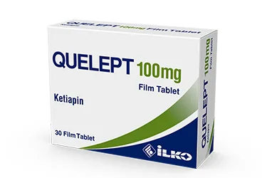 QUELEPT 100 MG 30 FILM TABLET kutu fotoğrafı. Ketiapin içeren film kaplı tablet. Üretici: İLKO İLAÇ SAN. VE TİC. A.Ş.
