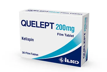 QUELEPT 200 MG 30 FILM TABLET ambalajı. Ketiapin içeren film kaplı tablet. Üretici: İLKO İLAÇ SAN. VE TİC. A.Ş.