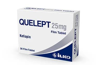 QUELEPT 25 MG 30 FILM TABLET (ketiapin) ürün ambalajı, film kaplı tablet. Üretici: İLKO İLAÇ SAN. VE TİC. A.Ş.