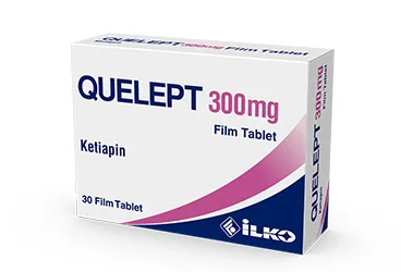 QUELEPT 300 MG 30 FILM TABLET (ketiapin) ürün ambalajı, film kaplı tablet. Üretici: İLKO İLAÇ SAN. VE TİC. A.Ş.