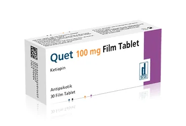 Ketiapin içeren film kaplı tablet: QUET 100 MG 30 FILM TABLET kutu fotoğrafı. Üretici: DEVA HOLDİNG ANONİM ŞİRKETİ.