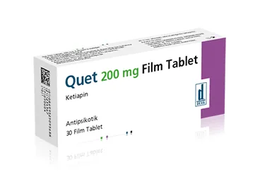 Ketiapin içeren film kaplı tablet: QUET 200 MG 30 FILM TABLET ambalajı. Üretici: DEVA HOLDİNG ANONİM ŞİRKETİ.