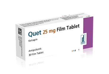 QUET 25 MG 30 FILM TABLET kutusu. Ketiapin içeren film kaplı tablet. Üretici: DEVA HOLDİNG ANONİM ŞİRKETİ.