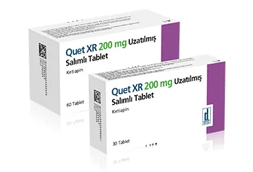 QUET XR 200 MG UZATILMIS SALIMLI 30 TABLET ürün ambalajı, tablet formunda ketiapin içerir. Üretici: DEVA HOLDİNG ANONİM ŞİRKETİ.