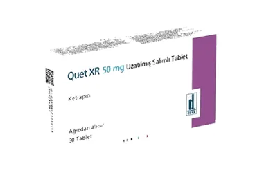 Ketiapin içeren tablet: QUET XR 50 MG UZATILMIS SALIMLI 30 TABLET ürün ambalajı. Üretici: DEVA HOLDİNG ANONİM ŞİRKETİ.