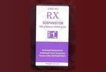 Baryum sülfat içeren süspansiyon: R-X SÜSPANSİYON 150 GR 240 ML kutu fotoğrafı. Üretici: YENİŞEHİR LABORATUARI TİC. VE SAN. LTD. ŞTİ.
