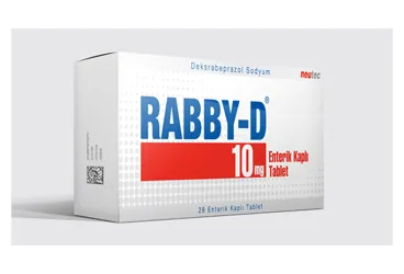 Deksrabeprazol içeren tablet: RABBY-D 10 MG 28 ENTERIK KAPLI TABLET kutu fotoğrafı. Üretici: NEUTEC İLAÇ SANAYİ TİCARET ANONİM ŞİRKETİ.