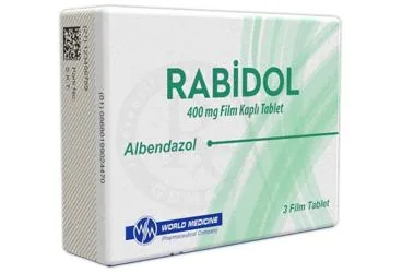 RABIDOL 400 MG FILM KAPLI TABLET (3 TABLET) kutusu, film kaplı tablet formunda albendazol içerir. Üretici: WORLD MEDICINE İLAÇ SAN. VE TİC. A.Ş.