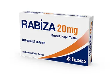 RABIZA 20 MG 28 ENTERIK KAPLI TABLET kutu fotoğrafı, tablet formunda rabeprazol içerir. Üretici: İLKO İLAÇ SAN. VE TİC. A.Ş.
