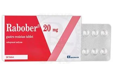 Rabeprazol içeren tablet: RABOBER 20 MG GASTRO REZISTAN TABLET (28 TABLET) ürün ambalajı. Üretici: BERKO İLAÇ VE KİMYA SAN. A.Ş.
