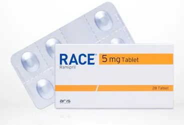 RACE 5 MG 28 TABLET kutu fotoğrafı, tablet formunda ramipril içerir. Üretici: ALİ RAİF İLAÇ SANAYİ A.Ş.